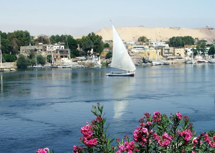 Excursión en Faluca por el Nilo en Asuán por la Isla Elefantina con turistas disfrutando de un paseo en faluca tradicional con vistas de la Isla Elefantina.
