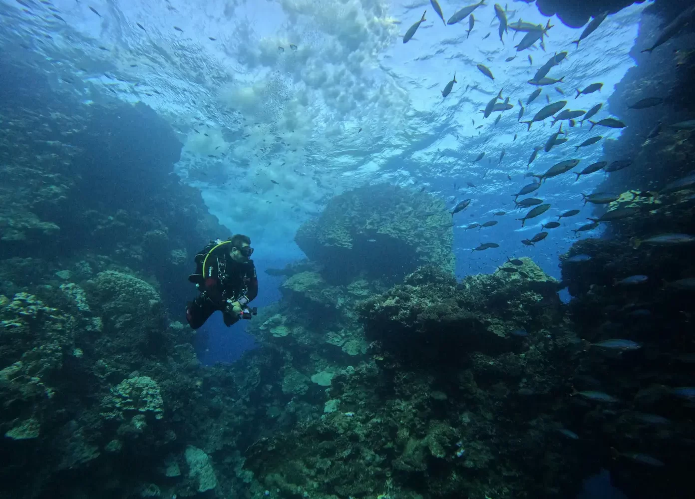 Safari por el Desierto de Dahab y Snorkel: dos personas practicando snorkel en el Blue Hole, explorando la fauna marina y los corales del Mar Rojo.